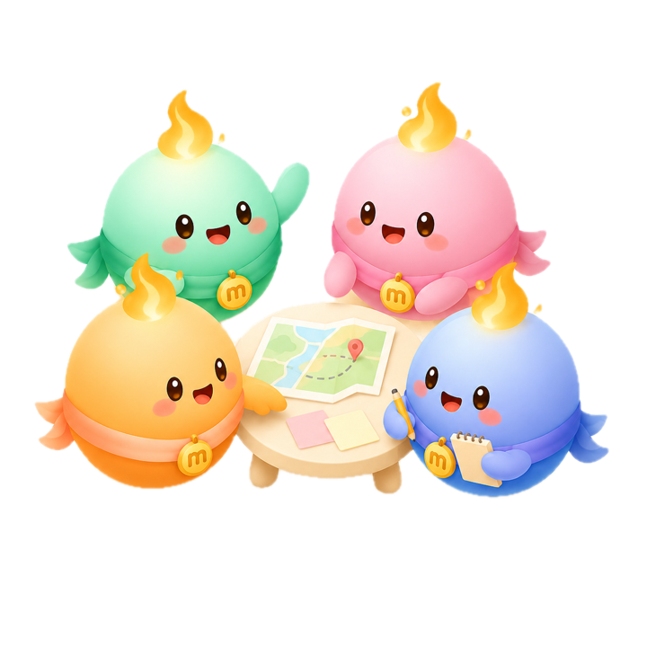 Four Marci mascots in different colors planning together around a little table