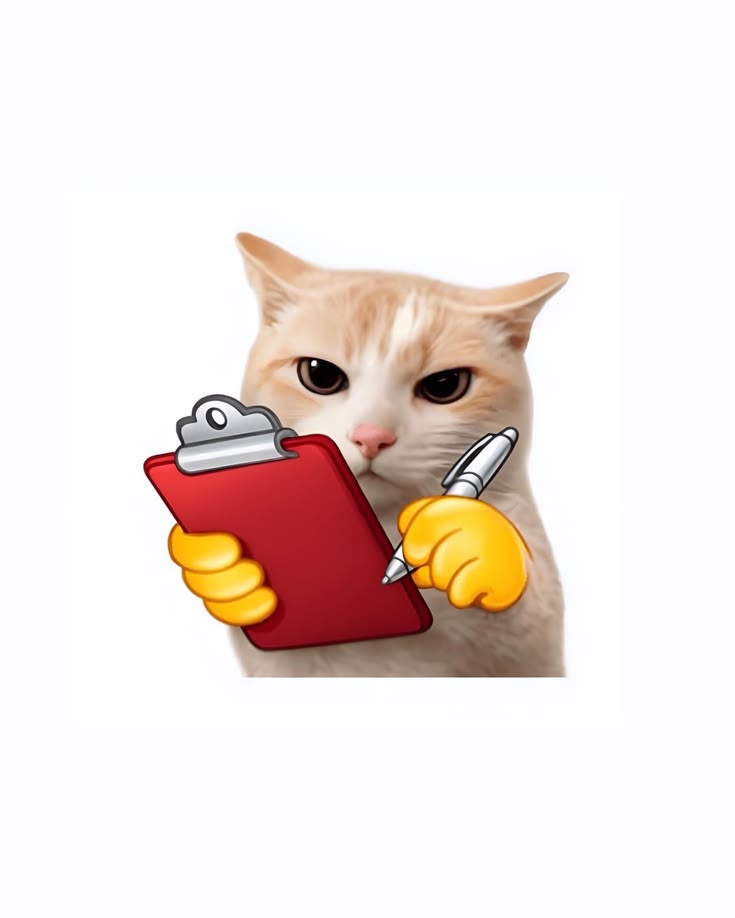 Cat sticker holding a clipboard and pen, taking notes